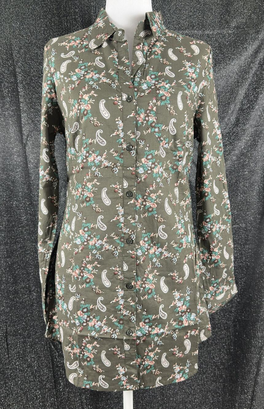 NWT Standards & Practices Olive Floral Paisley Button Front Tunic Top Large